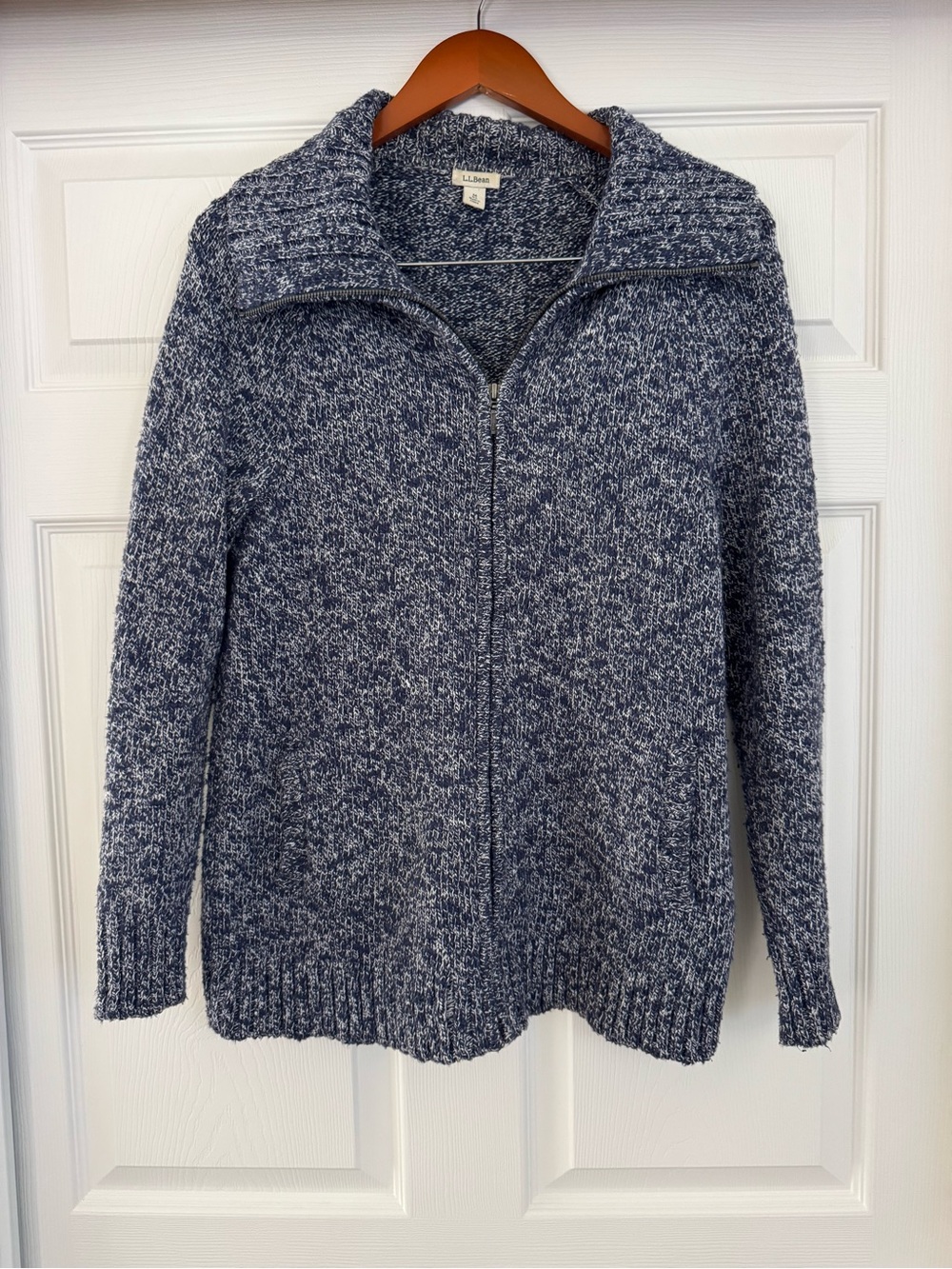 L.L. Bean Double L Mixed-Knit Full-Zip Sweater - Navy & White Marl - Medium